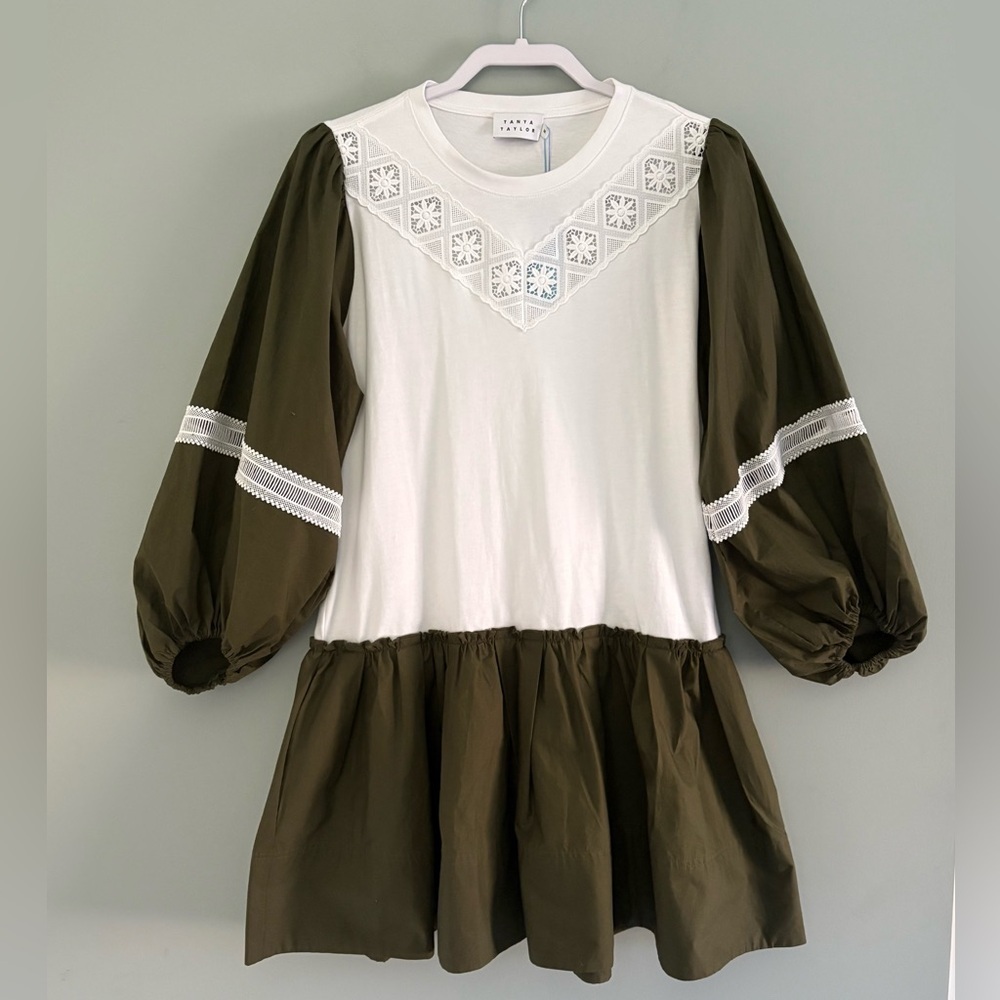 Tanya Taylor Kirstie Dress M Olive White Puff Sleeve Lace Trim Mini NWT $445